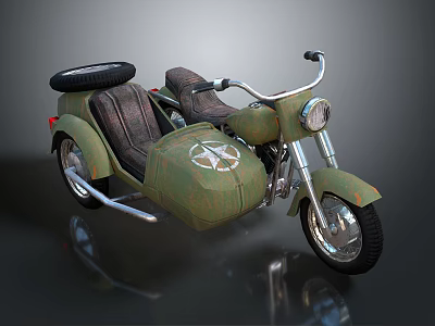 Vintage Military Green Motorcycle With Sidecar Leather Seat And Star Emblem Headlight 3d model