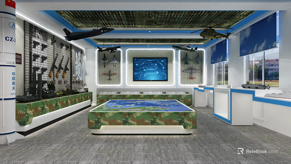 Military Themed Exhibition Hall With Wall Mounted Weapons Aircraft Models And Digital Screen 3d model 