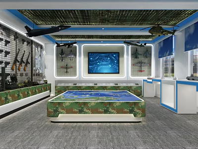 Military Themed Exhibition Hall With Wall Mounted Weapons Aircraft Models And Digital Screen 3d model