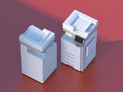Two White Office Printers Placed On Red Background Surface With Document Trays And Control Panels 3d model