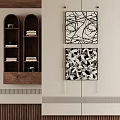 Abstract Paintings In Modern Interior With Black White Patterns And Wooden Bookshelves