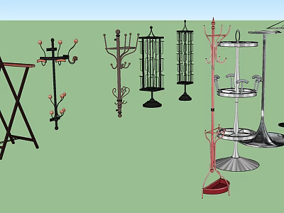 Various Stylish Metal Clothes Hangers With Decorative Designs And Floor Stand Bases 3d model