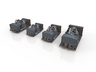 Four Black Vintage Train Models Arranged in a Row on White Background 3d model