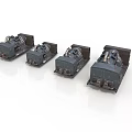 Four Black Vintage Train Models Arranged in a Row on White Background
