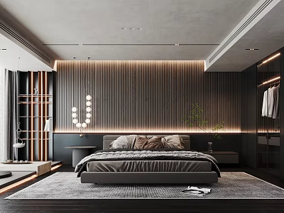 Modern Bedroom Interior With Grey Bed Vertical Striped Wall Pendant Lights Rug And Green Plant 3d model