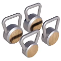 Modern Sports Equipment Four Kettlebells With Silver Handles And Wooden Weights