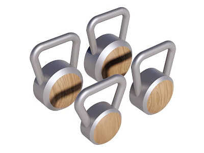 Modern Sports Equipment Four Kettlebells With Silver Handles And Wooden Weights 3d model