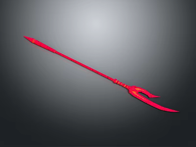 Red Trident Weapon With Long Handle And Three Prongs Design 3d model