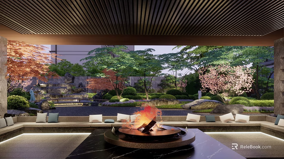 Japanese Garden Landscape with Fire Pit Seating Area Stone Lanterns and Cherry Blossom Trees 3d model 
