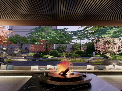 Japanese Garden Landscape with Fire Pit Seating Area Stone Lanterns and Cherry Blossom Trees 3d model