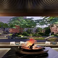 Japanese Garden Landscape with Fire Pit Seating Area Stone Lanterns and Cherry Blossom Trees
