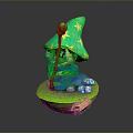Cartoon Wizard With Green Star Hat Magic Wand Blue Robe Green Base And Small Mushrooms