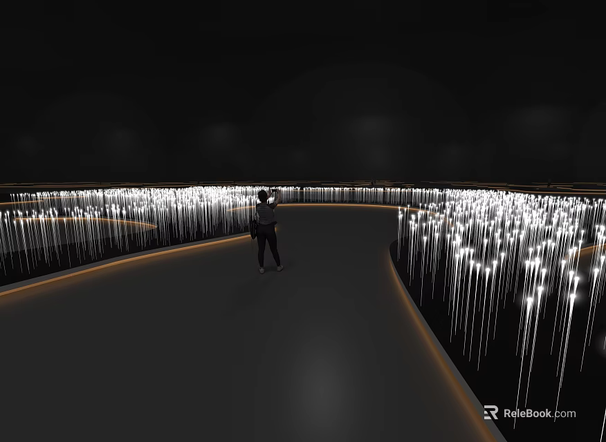 Artistic Light Installation With Glowing Slim Tubes Lining Curved Path And Walking Figure In Dark 3d model 