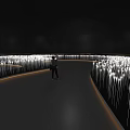 Artistic Light Installation With Glowing Slim Tubes Lining Curved Path And Walking Figure In Dark
