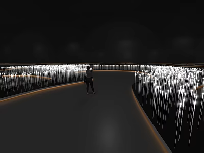 Artistic Light Installation With Glowing Slim Tubes Lining Curved Path And Walking Figure In Dark 3d model