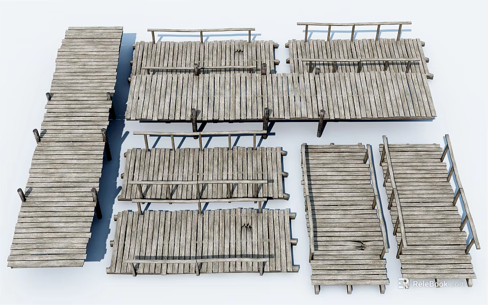 Various Wooden Bridge Components With Planks And Support Structures Design Elements 3d model
