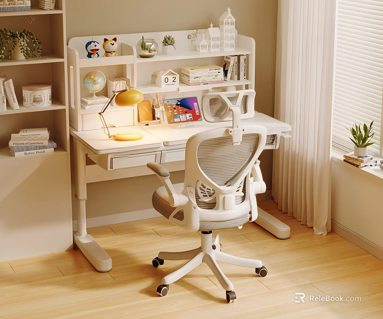 Modern White Study Desk And Mesh Back Chair With Books Globe And Table Lamp 3d model 