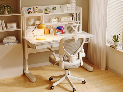 Modern White Study Desk And Mesh Back Chair With Books Globe And Table Lamp 3d model