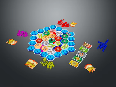 Hexagonal Board Game Landscape With Colorful Tiles And Surrounding Cards 3d model