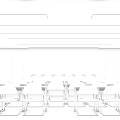 Modern Conference Room Interior With White Chairs Blue Large Screen Wooden Walls And Long Strip Lights