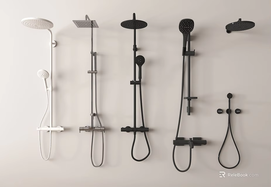 Various Wall Mounted Shower Systems With Black And White Finishes And Handheld Sprayers 3d model 