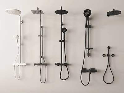 Various Wall Mounted Shower Systems With Black And White Finishes And Handheld Sprayers 3d model