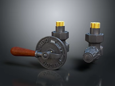 Industrial Gate Valve And Metal Parts With Wooden Handle And Golden Threads 3d model