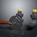 Industrial Gate Valve And Metal Parts With Wooden Handle And Golden Threads