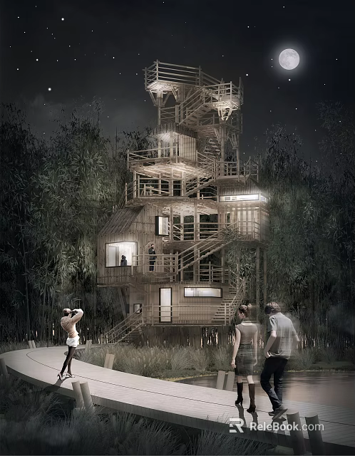Bamboo Tower With Spiral Staircase Surrounded By Trees Night Lighting And People Around 3d model 