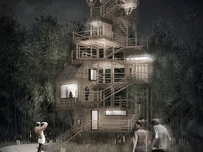 Bamboo Tower With Spiral Staircase Surrounded By Trees Night Lighting And People Around 3d model