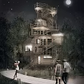 Bamboo Tower With Spiral Staircase Surrounded By Trees Night Lighting And People Around