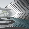 Modern Sales Office Building With Geometric Patterns Black White Stripes And Reflective Water Surface