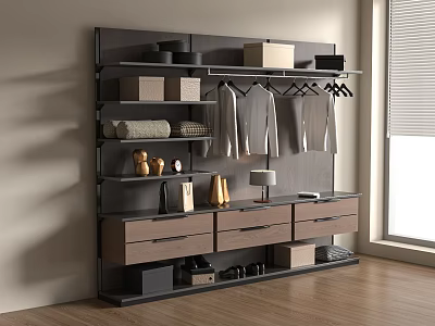 Modern Wardrobe with Metal Frame Hanging Rods Drawers and Storage Shelves 3d model