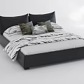 Modern Black Leather Bed Frame With Striped Bedspread And Decorative Pillows 3d model