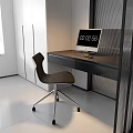 Modern Home Office Desk With Computer Chair And Window Blinds White Cabinets And Mesh Partition
