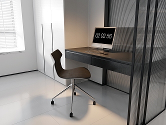 Solid Wood Computer Desk Wall-embedded Desk Metal Swivel Chair Computer All-in-One Keyboard and Mouse Solid Wood Wardrobe Glass sliding door 3d model