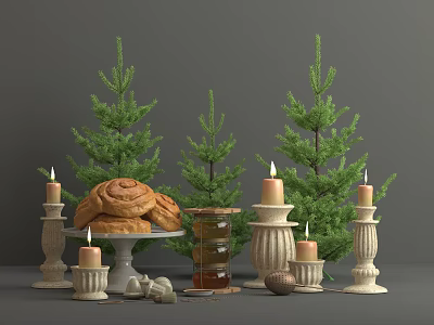 Cinnamon Roll With Honey Jar And Lit Candles Near Green Christmas Trees On Gray Background 3d model