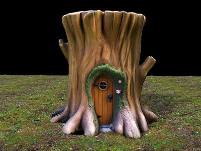Enchanting Tree House in Tree Stump Trunk with Wooden Door Round Window and Pink Flowers 3d model