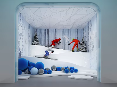 Indoor Snow Skiing Scene With Skiers Trees And Decorative Balls 3d model