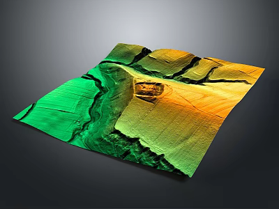 Detailed 3D Topographic Terrain Model With Green Yellow Colors And River Boat 3d model