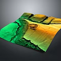 Detailed 3D Topographic Terrain Model With Green Yellow Colors And River Boat