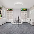 Contemporary Office Interior With White Desk Chair Monitor Wall Posters Windows Ceiling Light Gray Carpet