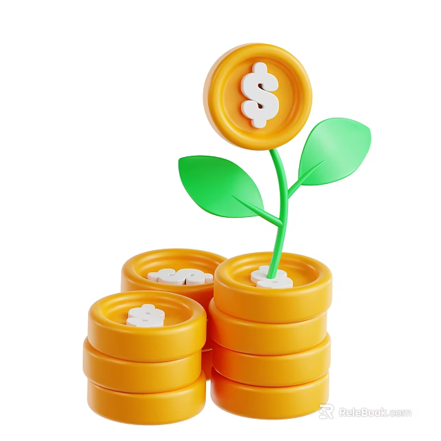 Decorative Ornament Set with Stacked Yellow Coins Dollar Sign and Green Plant 3d model 