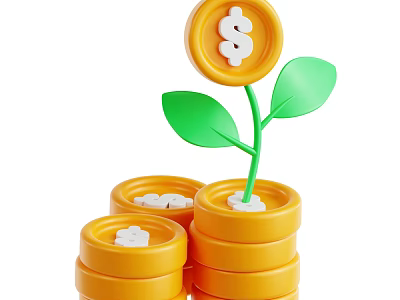 Decorative Ornament Set with Stacked Yellow Coins Dollar Sign and Green Plant 3d model