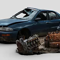 Wreck car with engine 3d model