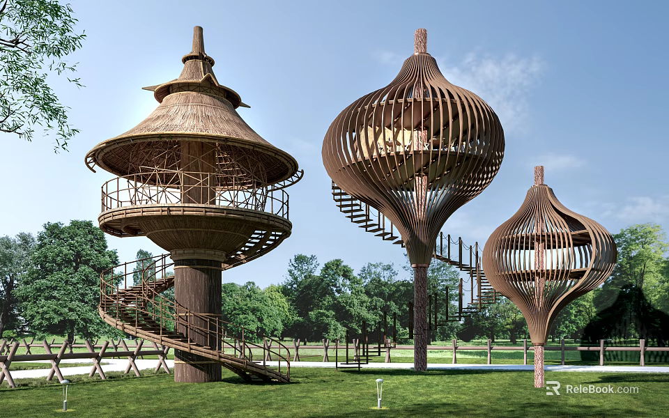 Unique Design Treehouse with Spiral Staircase Open Structure and Lush Grass 3d model 