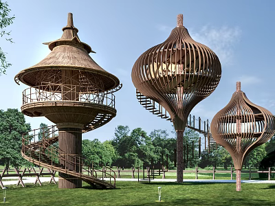 Unique Design Treehouse with Spiral Staircase Open Structure and Lush Grass 3d model