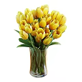 Beautiful Yellow Tulips in Transparent Glass Vase with Fresh Green Leaves Bouquet Arrangement