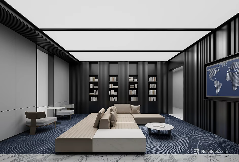 Modern Lounge Area With Black Bookshelves Beige Sofa Blue World Map And Gray Chairs 3d model 