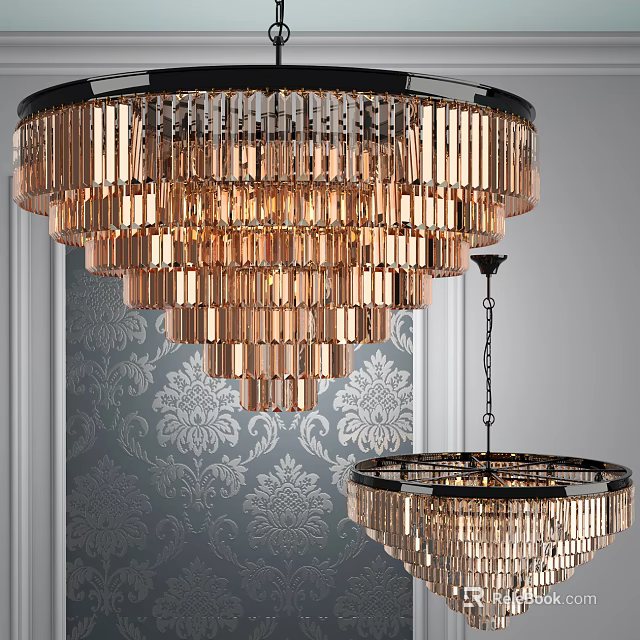 Elegant Multi Tiered Crystal Chandelier With Metal Frame And Patterned Wallpaper Background 3d model 